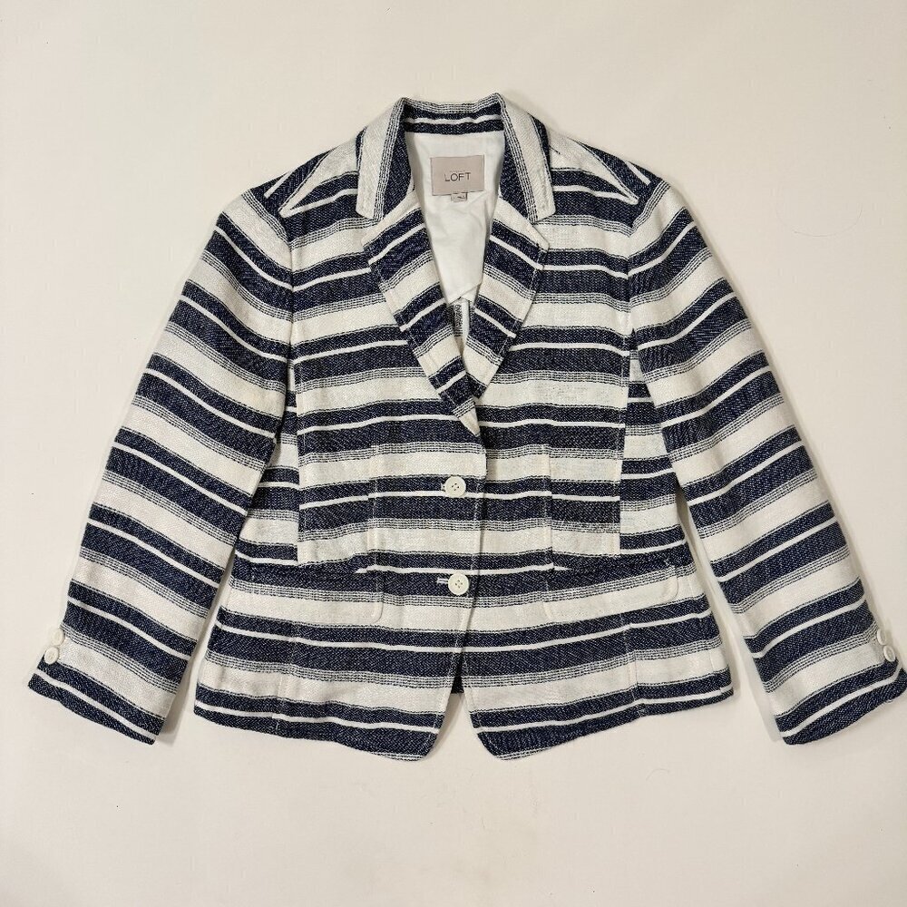 Loft - Linen Blend Striped Summer Blazer in Blue & White
